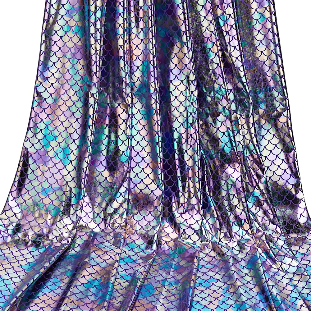 FINGERINSPIRE Mermaid Scales Sparkly Purple Hologram Spandex Fish Scale Fabric - Charming Illusion Color Glitter Mermaid Printed Fabric for Clothes Sewing Craft