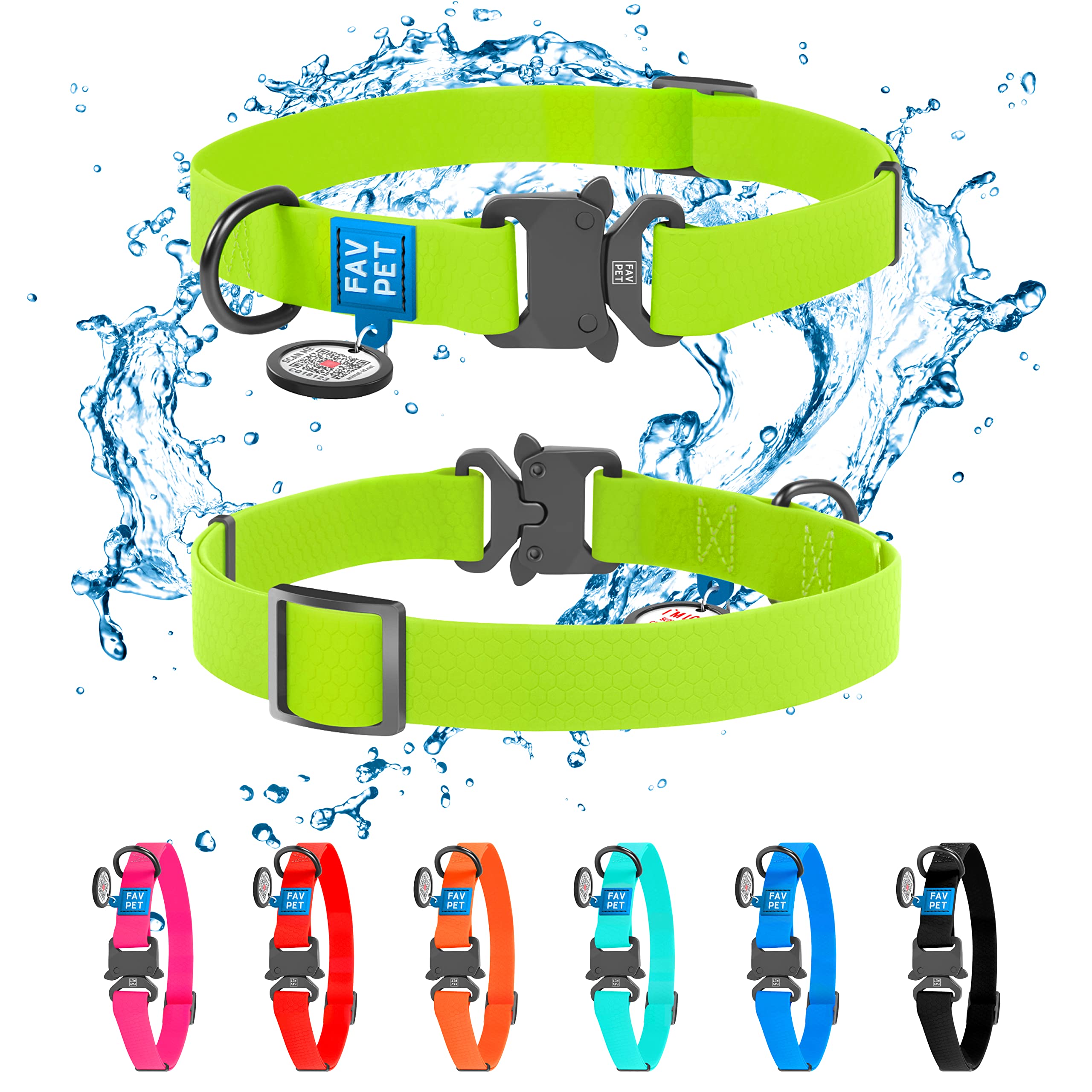 FAVPET Biothane Dog Collar with ID Tag QR, Waterproof Dog Collar with Metal Buckle, Adjustable Dog Collar Large Dogs, Soft Dog Collar Medium, Dog Collar Small Dog, Coloured Puppy Collars (S, Green)