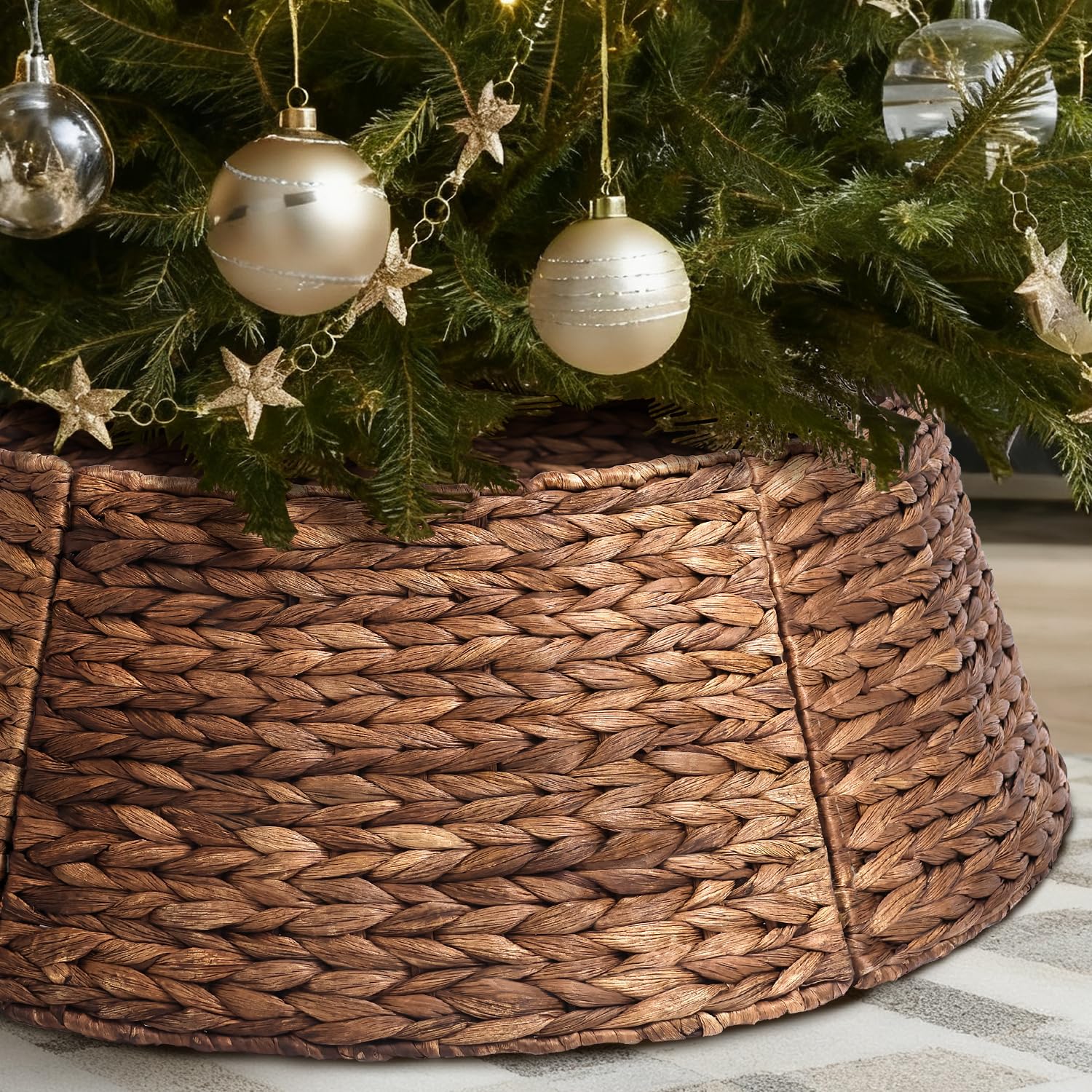 Photo 1 of 6-Piece Rattan Christmas Tree Collar - 33" Rustic Farmhouse Tree Skirt- Xmas Tree Base Cover for Christmas Decoration- Woven Holiday Tree Ring Accessory for Home, Living Room (Brown, 33 in)