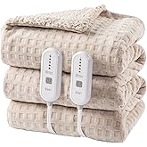 Dowin Electric Blanket King Size - Waffle Heated Blanket with Dual Control, 5 Heating Levels, 10 Hrs Auto Off, Sherpa Fleece Warming Blanket for Bed, Machine Washable, 90x100 Khaki
