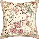 patdrea Designer Vintage Velvet Throw Pillow Cover,18"x18"-Kulom A | Elegant Pillow Case with Zipper,Pink Bird and Floral Pattern,Decorative Pillow Cover for Couch Living Room Bedroom