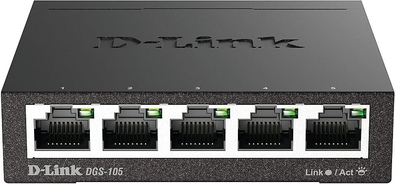 DGS-105 5 Ports Layer2 Gigabit Switch (bis zu 2000 Mbit/s Datenübertragung pro Port, einfache Plug und Play-Installation, lüfterlos, Metallgehäuse) schwarz