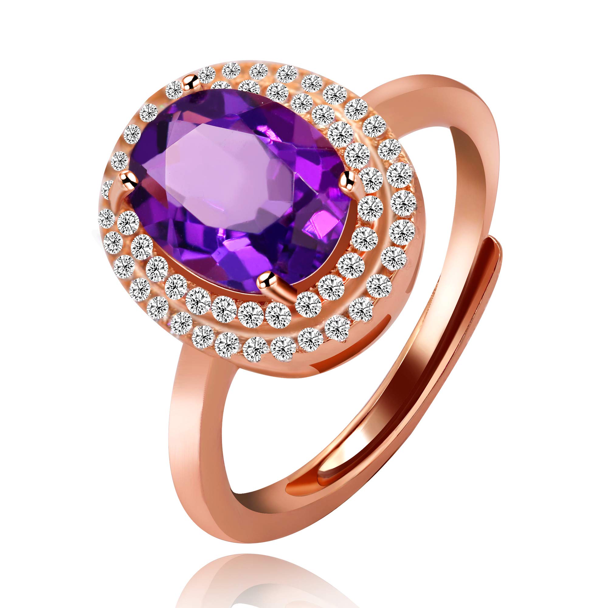 Uloveido Women's 925 Sterling Silver Oval Natural Amethyst Resize Ring February Birthstone Anniversary Ring Rose Gold Plated Solitaire Adjustable Rings for Girl Mom Birthday Gift FJ113