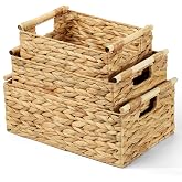 Wicker Storage Baskets for Organizing 3 Pack,Natural Water Hyacinth Ratten Baskets with Wooden Handles, Decorative Handwoven Storage Baskets for Shelves, Bathroom, Pantry or Kitchen