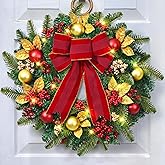 Yastouay 22" Christmas Wreaths for Front Door, Christmas Wreath with Lights Bow Christmas Ball Ornaments, Berries & Sparkling Leaves, Christmas Door Wreath for Home Wall Window Indoor Outdoor Decor