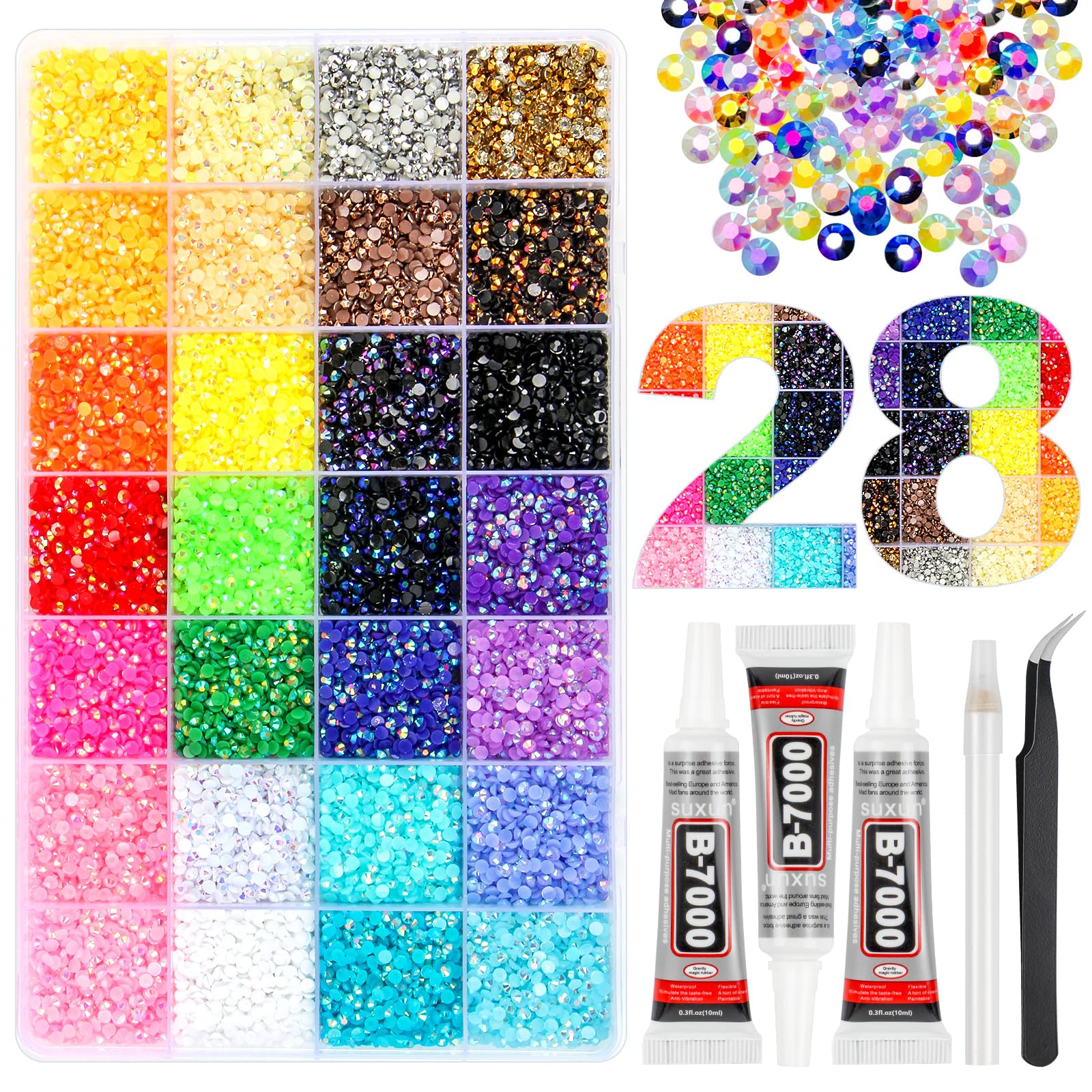 Photo 1 of 33000Pcs Resin Jelly Rhinestones for Bedazzling, 28 Colors 3mm Flatback Gems for Diamond Art, Bedazzler Kit with 3Pcs 10ml B7000 Jewelry Glue for Crafting Crafts Book Shoes Nail Art