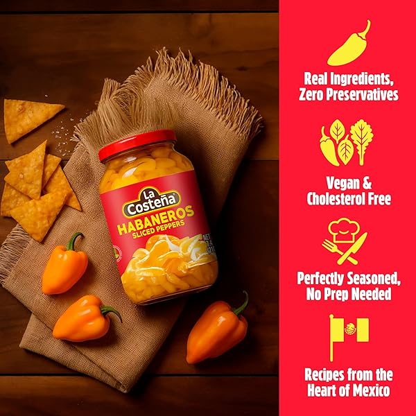 LA COSTEÑA SLICED HABANERO PEPPER FOR MEXICAN FOOD, MANGO HABANERO SALSA, GUACAMOLE, ENCHILADAS, SPICY NACHO & TACO TOPPINGS – HOT PICKLED VEGETABLES – 10X SPICIER THAN JALAPEÑOS – 7.4 OZ, 1 PACK