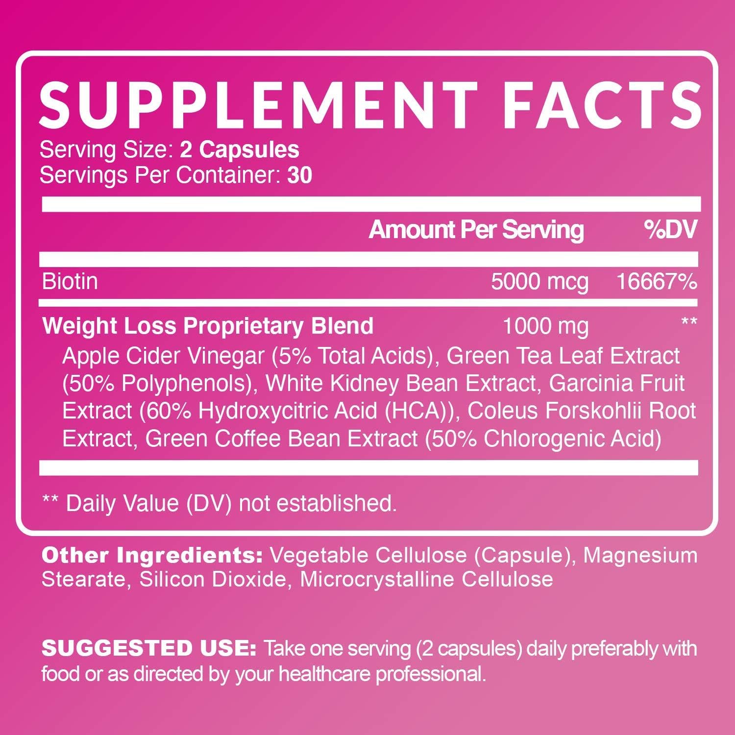 Biotin Fat Burners for Women | Biotin Supports Weight Loss & Appetite Suppressant Diet Pills with Apple Cider Vinegar, Green Tea Extract | Gluten Free, Non-GMO, Vegetarian Friendly | 60 Count: Health & Personal Care