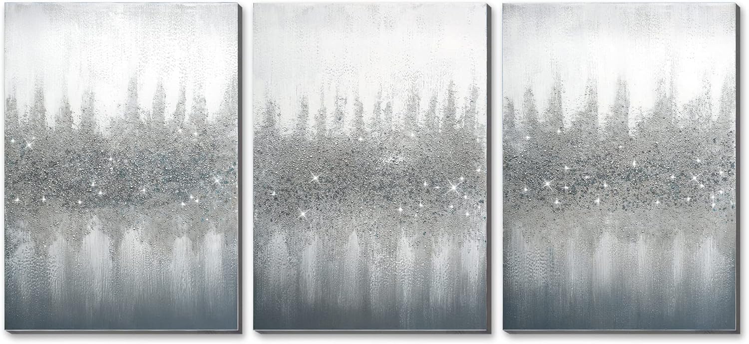 Paintings - Sofoney - 3D Silver Glitter Embellished Gray Abstract Canvas Wall Art 100% Hand Brush Modern Grey White Oil Painting for Living Room Bedroom Home Decor, 20X30inchx 3 Piece, Ready to Hang