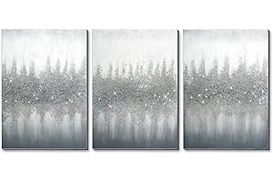 Sofoney - 3D Silver Glitter Embellished Gray Abstract Canvas Wall Art 100% Hand Brush Modern Grey White Oil Painting for Living Room Bedroom Home Decor, Ready to Hang - 16"x24"x 3 Piece