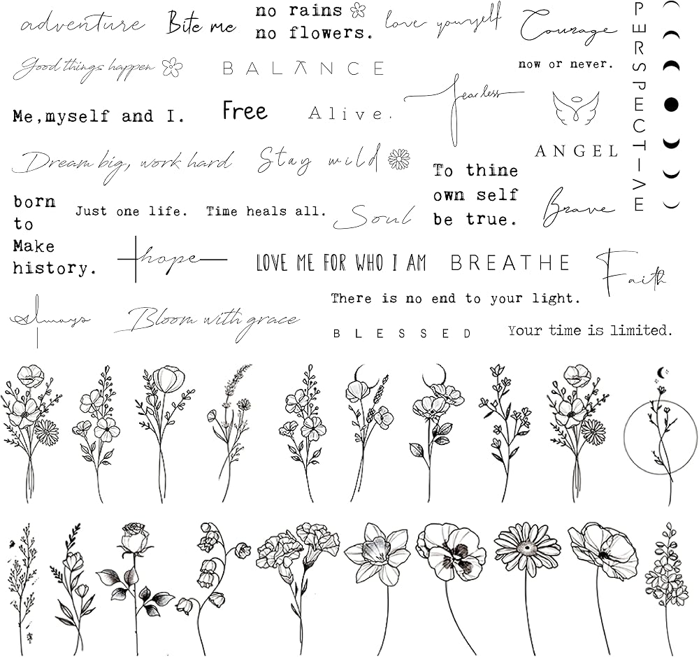 DIVAWOO 60 Sheets Tiny Temporary Tattoos for Women - Inspirational Words Floral