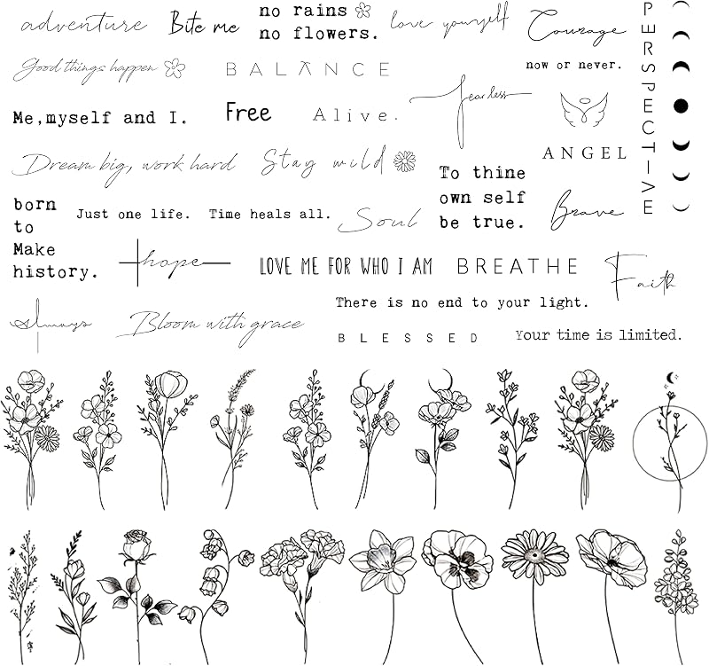 DIVAWOO 60 Sheets Tiny Temporary Tattoos for Women - Inspirational Words Floral