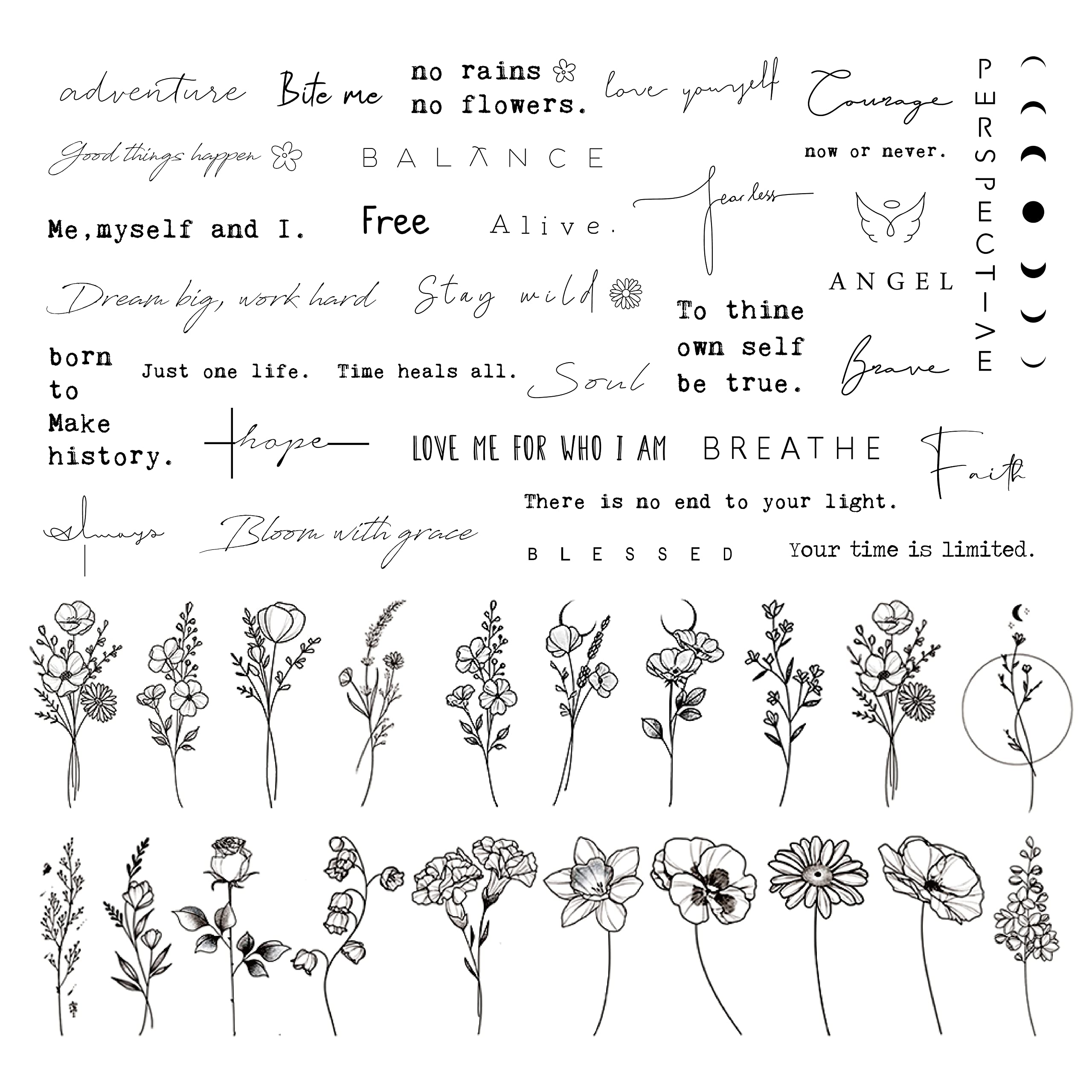 DIVAWOO Realistic Temporary Tattoos - 60 Sheets Tiny Fake, 40 Pcs Inspirational Words, 20 Pcs Wild Flower Floral Bouquet Stickers for Adult Women Face Body Hand