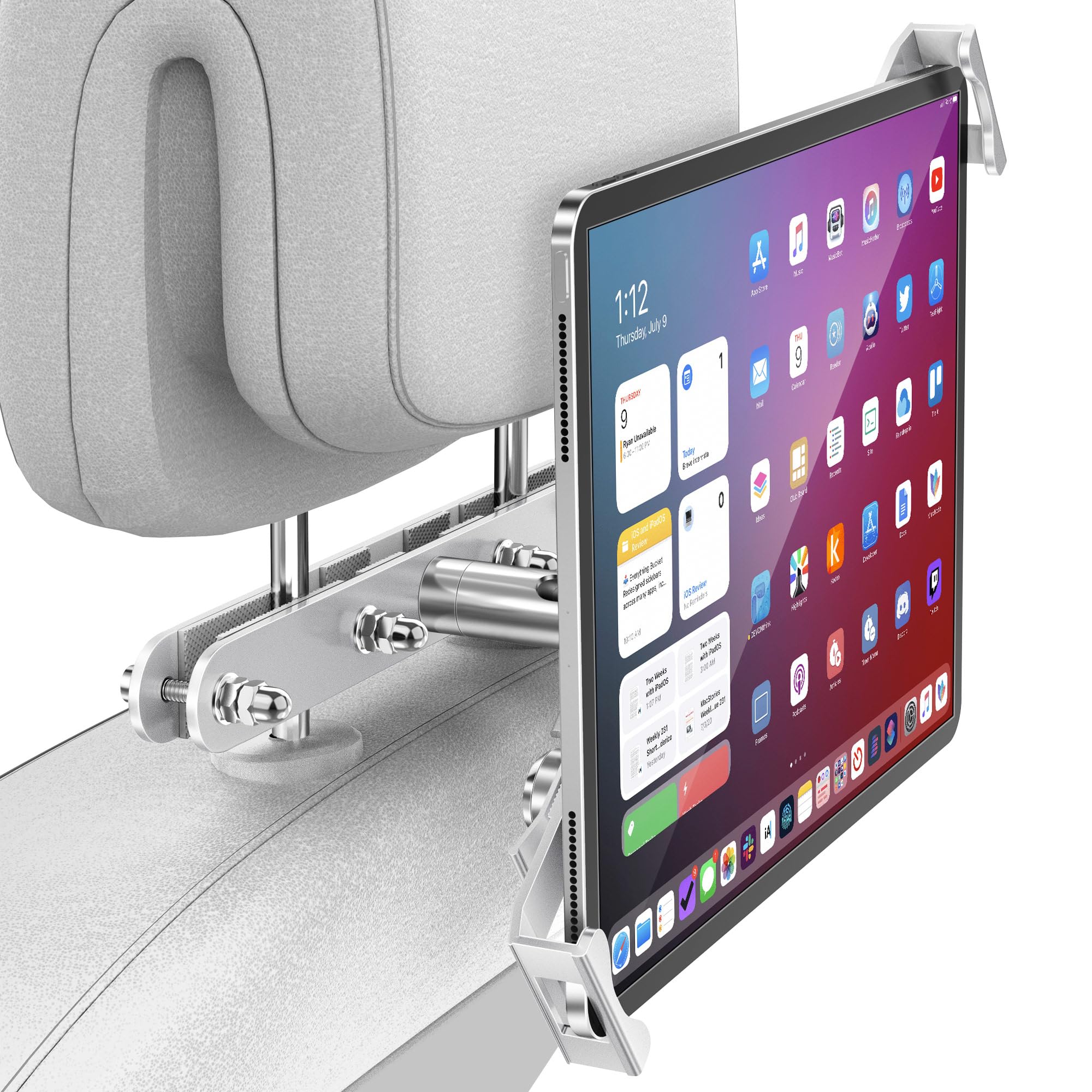 AboveTEK Tablet Holder for Car Headrest- Anti-Theft iPad Car Holder Back Seat, Secure Locking System with 360° Swivel, Universal for 4-11" Tablets - Silver