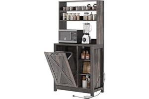 DWVO Bakers Rack Microwave Stand Cabinet with Trash Can Bin Cabinet and Power Outlet, 6-Tiers Farmhouse Kitchen Tall Thickened Coffee Bar Table Station with Storage Shelf (Rustic Oak)