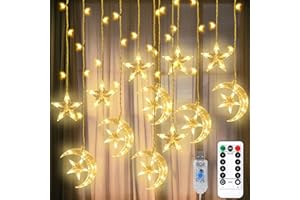 ZATAYE Ramadan Decorations, 150 LED Ramadan Curtain Lights, Plug-in Fairy Star String Lights for Home, 8 Lighting Modes Twinkle Moon Lights for Bedroom with Remote Control for Ramadan Eid Window Wall Decor