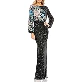 Mac Duggal Beaded Mesh Boat Neck Bishop Sleeve Column Gown