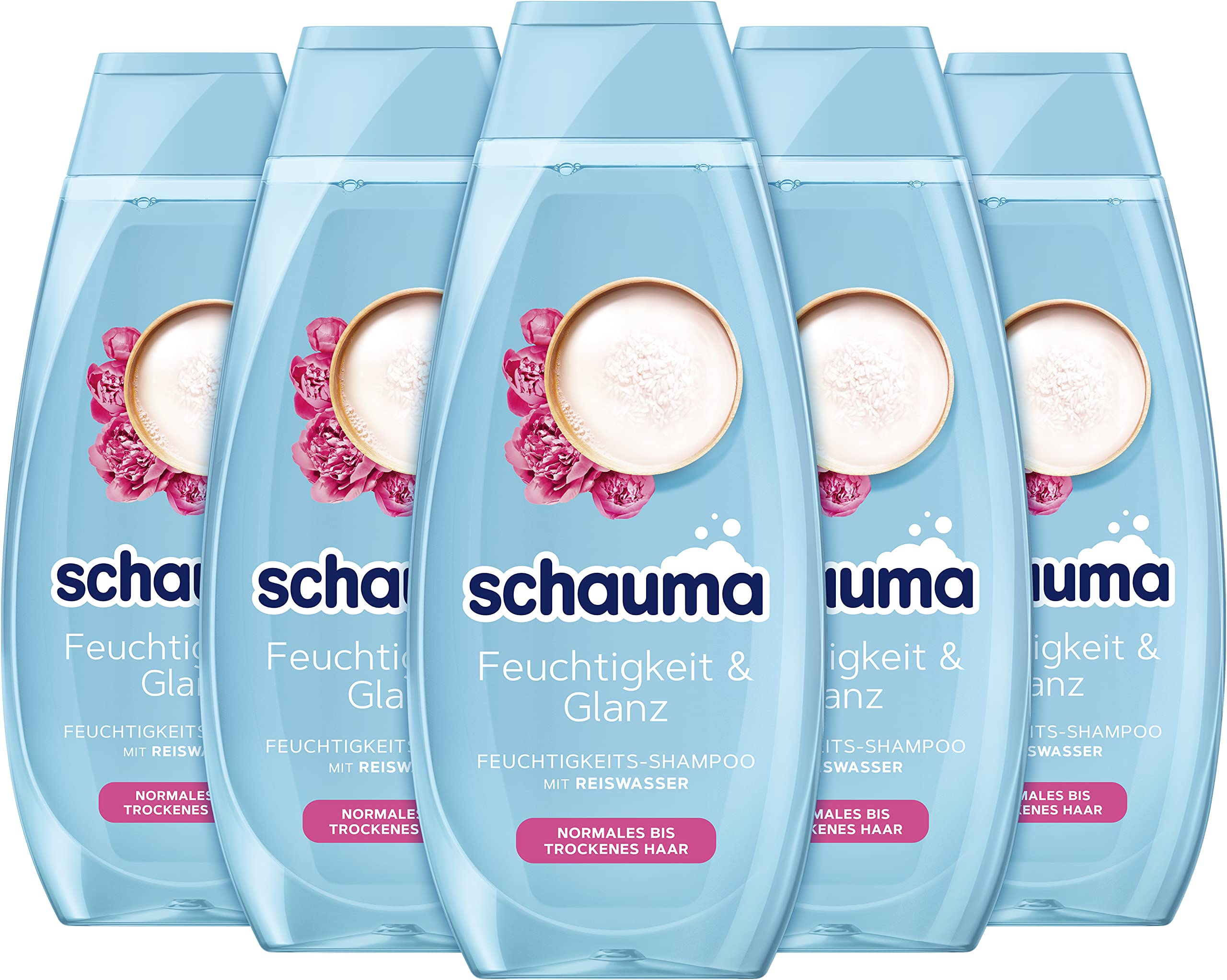Schauma Moisturising Shampoo Moisture & Shine (5 x 400 ml), Hair Shampoo with Rice Water Gently Cleanses the Scalp, Shampoo for Shiny & Healthy Looking Hair