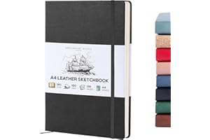 Beechmore Books A4 Sketchbook – 8.5x11 Premium Vegan Leather Bound Large Sketch Book Hardcover with 156 Thick 160gsm Perforated Ivory Pages, Blank Sketch Pad, Gift Boxed, Back Pocket, Ribbon Bookmark