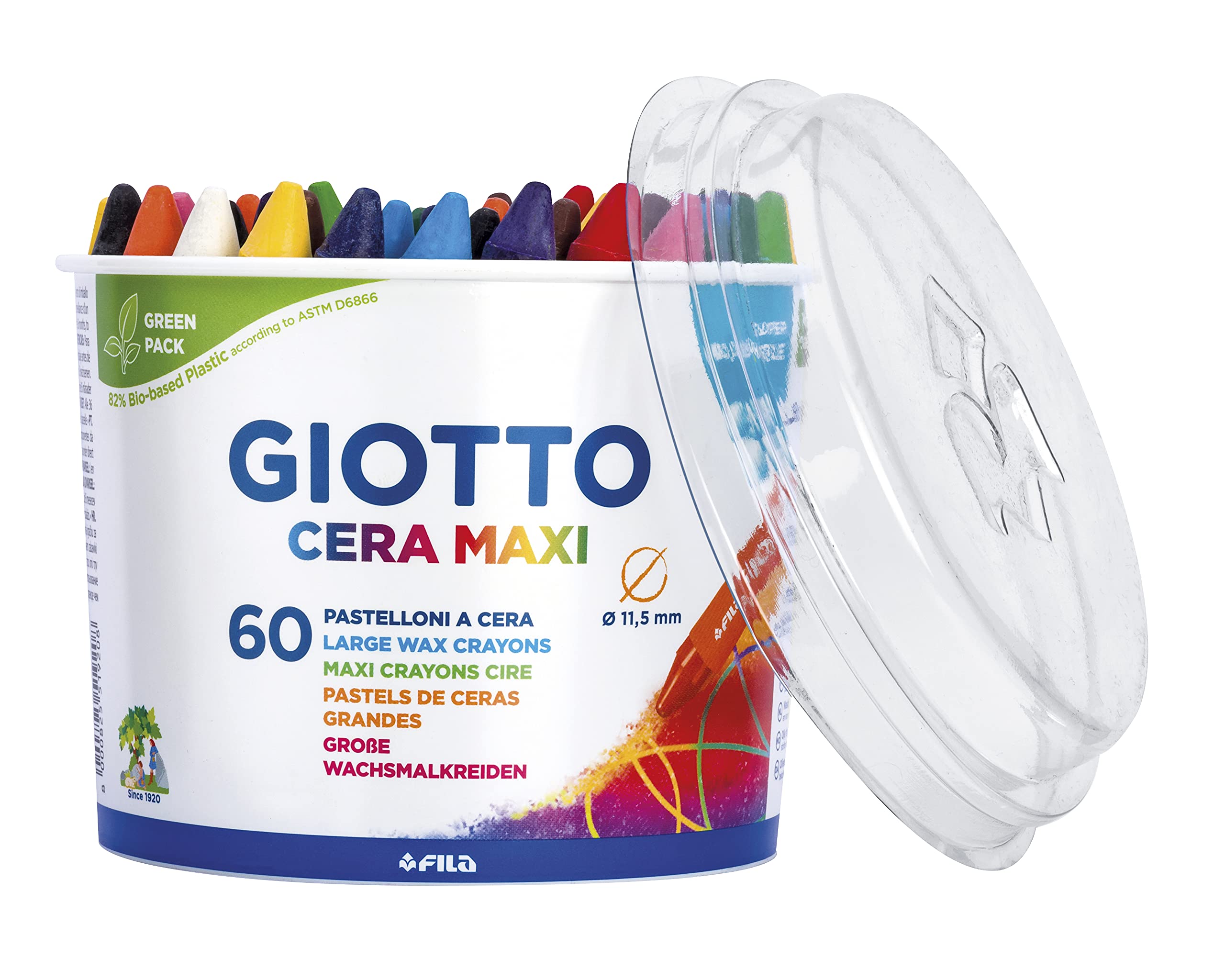GIOTTO Cera Maxi Super Washable Large Wax Crayons, 5 x 12 Assorted Colours, 60 Pieces, For Children, Parties & Schools