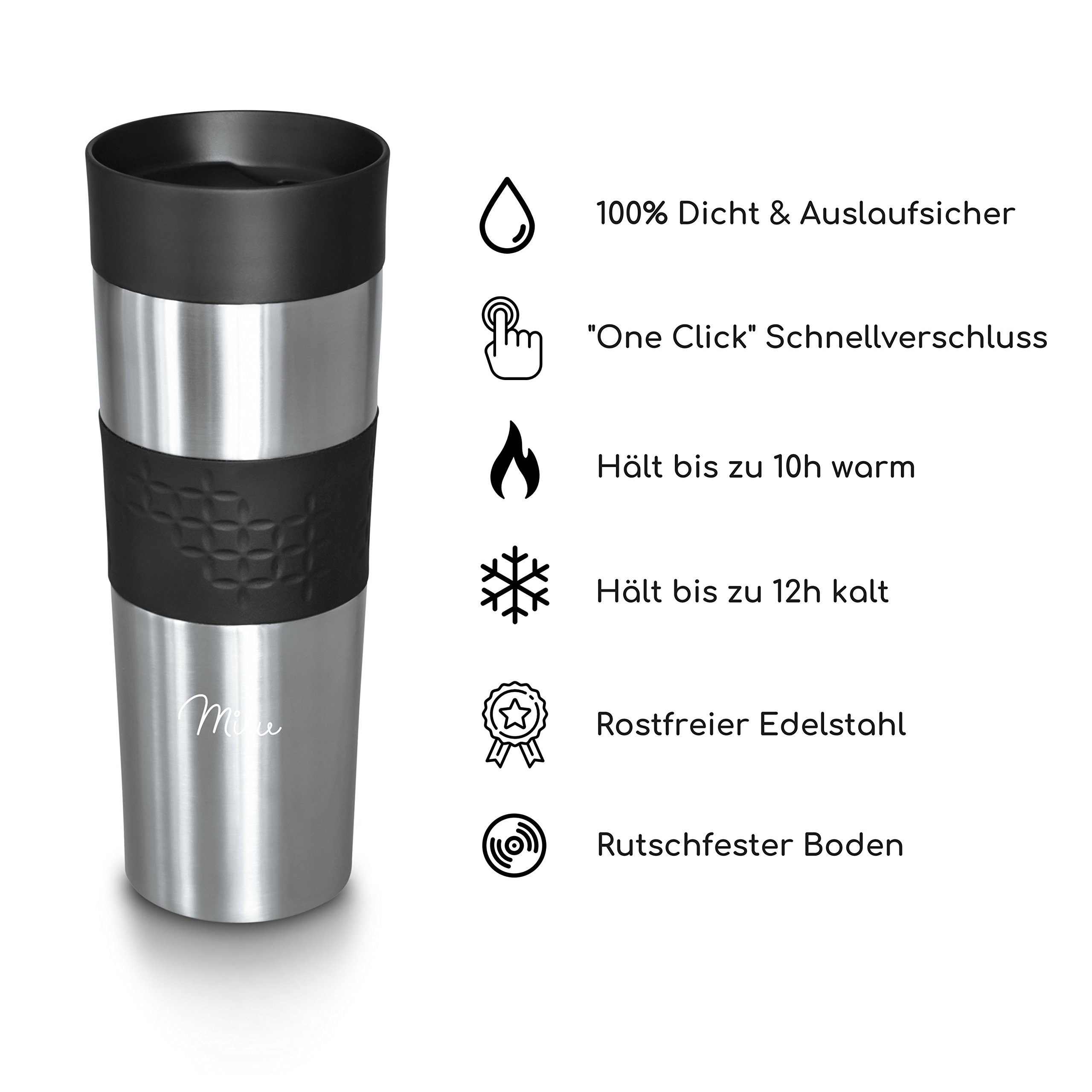 Milu Thermobecher to go 450ml - 100% Auslaufsicher - Isolierbecher aus Edelstahl - Autobecher - Trinkbecher doppelwandig - Kaffeebecher to go Thermo - Reisebecher (Schwarz)