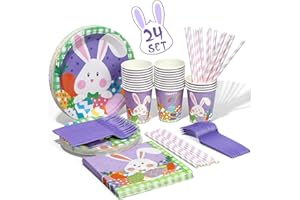 PYNOGEEZ 192PCS Easter Tableware Set Bunny Egg Shaped Party Supplies Colorful Easter Eggs Hunt Party Decorations Disposable Dinnerware Plates Napkins Forks for Easter Spring Holiday Party Favors (24 Sets)