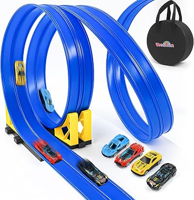 Dreamon 5M Flexible Car Track with 4 Cars 2 Ramps Storage Bag Blue