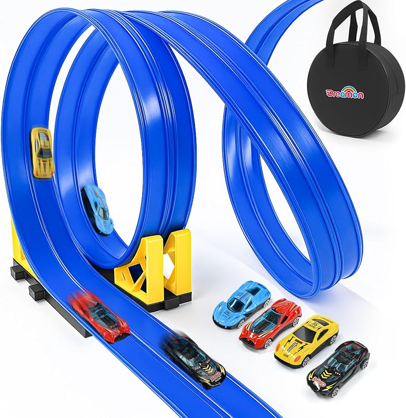 Dreamon 5M Flexible Car Track with 4 Cars 2 Ramps Storage Bag Blue