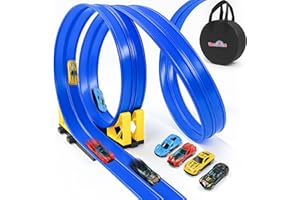 Dreamon Piste de course flexible de 4,8 m pour enfants avec 4 voitures jouets, 2 rampes et 1 sac de rangement, fente de vites