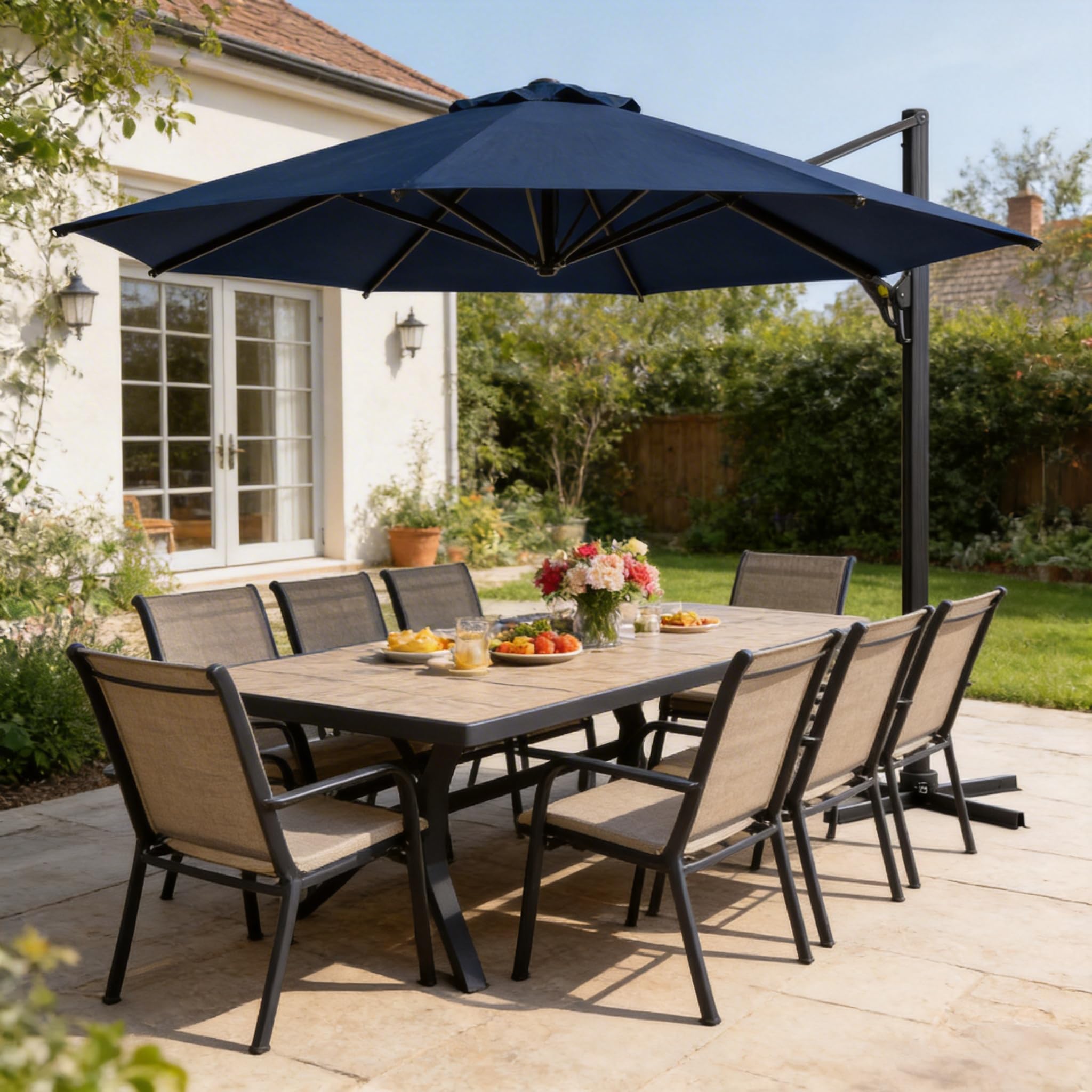 SUNVIVI OUTDOOR Cantilever Umbrella, 11 Ft Outdoor Patio Umbrella, Patio Umbrella with Base & 360° Rotation & Tilt Adjustment, UV Resistant Fabric Large Umbrella for Garden, Pool, Beach, Blue Image