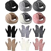 Riyiper 12 Pcs Winter Knit Earmuffs and Gloves Set, Foldable Fuzzy Fleece Lined Ear Warmer Adjustable Earmuffs Warm Touch Screen Gloves for Outdoor Women and Men Unisex