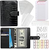 Budget Binder with Zipper Envelopes - Crocodile Pattern Leather Money Organizer, Cash Saving Book Budgeting Planner, cash stuffing folder envelope system, A6 Bill Binders with Pockets, Black