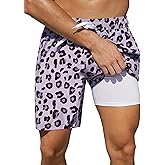 unitop Men's Swim Trunks with Compression Liner 7 Inch Inseam Stretch Beach Board Shorts Drawstring Swimsuit