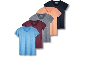 Real Essentials 5 Pack: Women's Dry Fit Tech Stretch Short-Sleeve Crew Neck Athletic T-Shirt (Available in Plus Size)