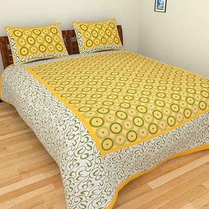 Bed Zone Cotton Rajasthani Jaipuri Double Bedsheet with 2 Pillow Cover (Yellow)