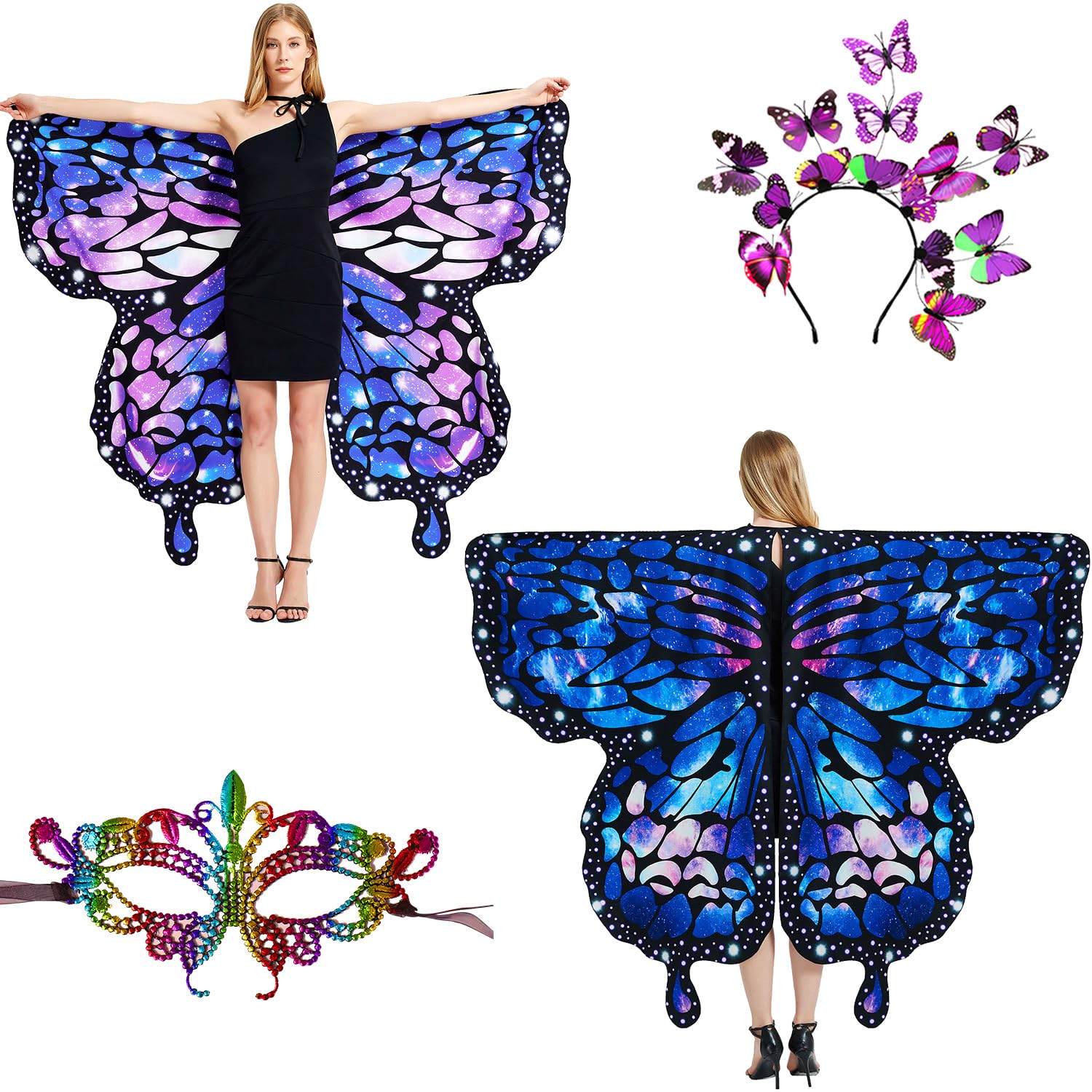 LYL. Ling Halloween Costumes Adult Women，Double-Sided Butterfly Wings Adults，Blue Butterfly Costume for Women，3PCS Fairy Wings Set.
