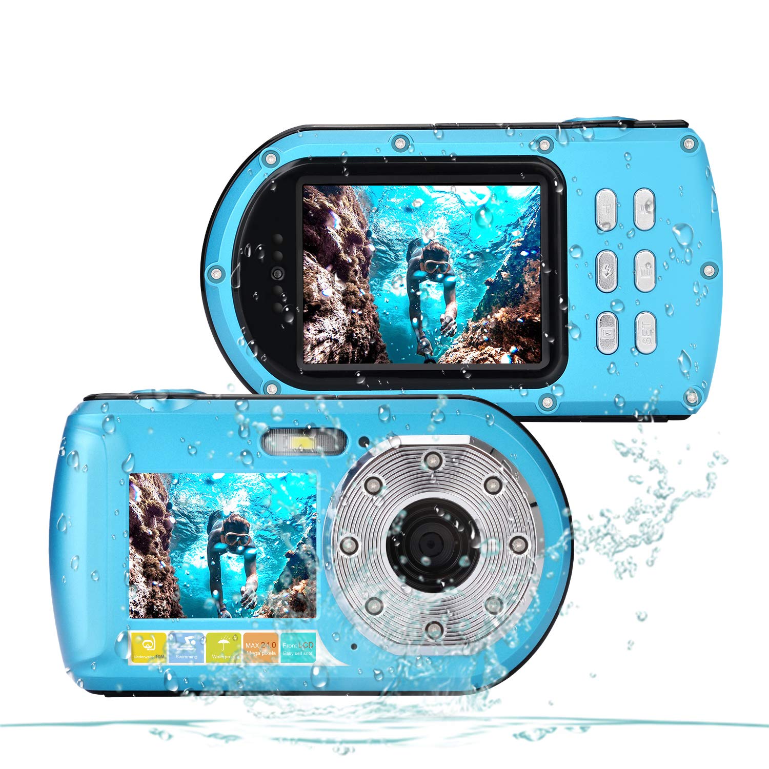 Waterproof Camera, Snorkeling Diving Digital Camera Action Sport Underwater Camcorder small and portable self-timer Dual Screen 2.7&2.0 inch /16X Digital Zoom Point and Shoot