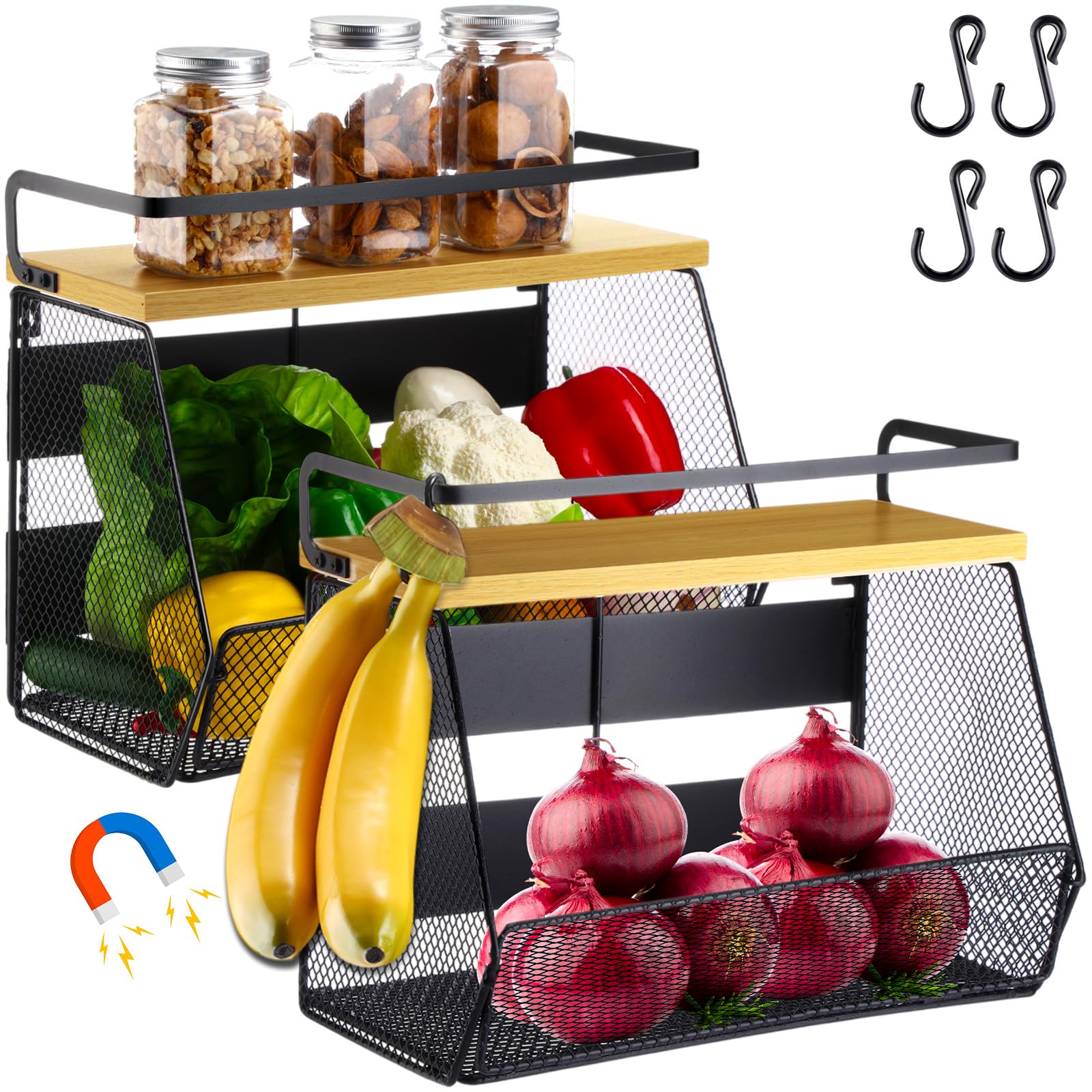 Photo 1 of 2 Pack Magnetic Shelf for Refrigerator with Wood Lid, Magnetic Fruit Basket for Fridge, Potato and Onion Storage Bins with Hooks, Magnetic Spice Rack for Refrigerator, Kitchen Counter, Cabinet