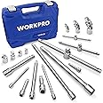 WORKPRO 19-Piece Drive Tool Accessory Set, Includes Socket Adapters, Extensions Set, Universal Joints and Sliding Bar T-handle Wrench, 1/4" 3/8” & 1/2” Drive, Chrome Vanadium Steel with Mirror Finish