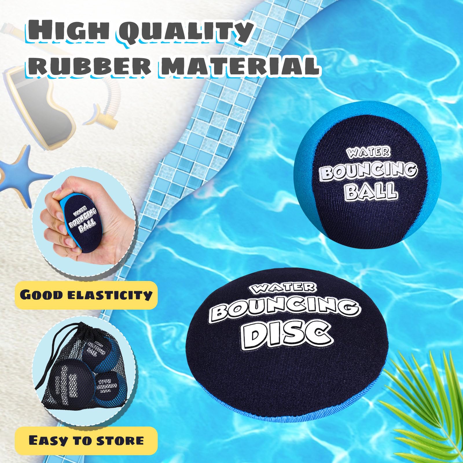 Shindel 2PCS Skip Balls with Skip Disc, Blue Water Bouncing Balls Water Skip Balls with Storage Bag for Swimming Pool Beach Toys Great for All Ages