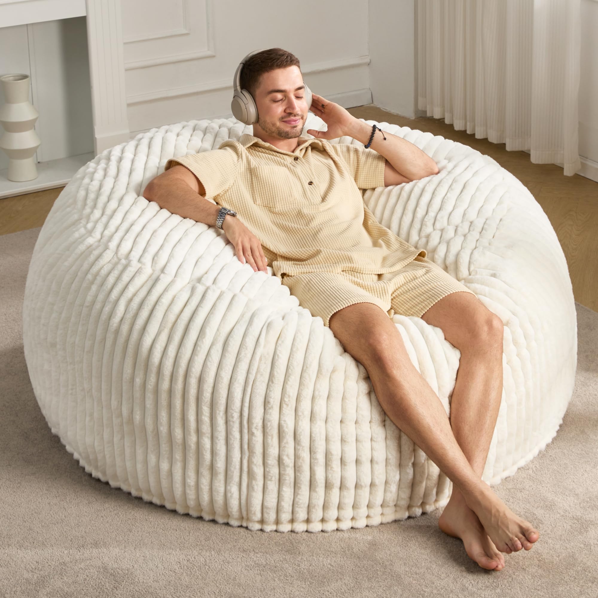 Photo 1 of Hobestluk 5ft Bean Bag Chairs for Adults Large Beanbag Chair with Dutch Corded Plush Cover Big Bean Bag Chair for Living Room Bedroom Dorm Office - White (50” x 50” x 24”)
