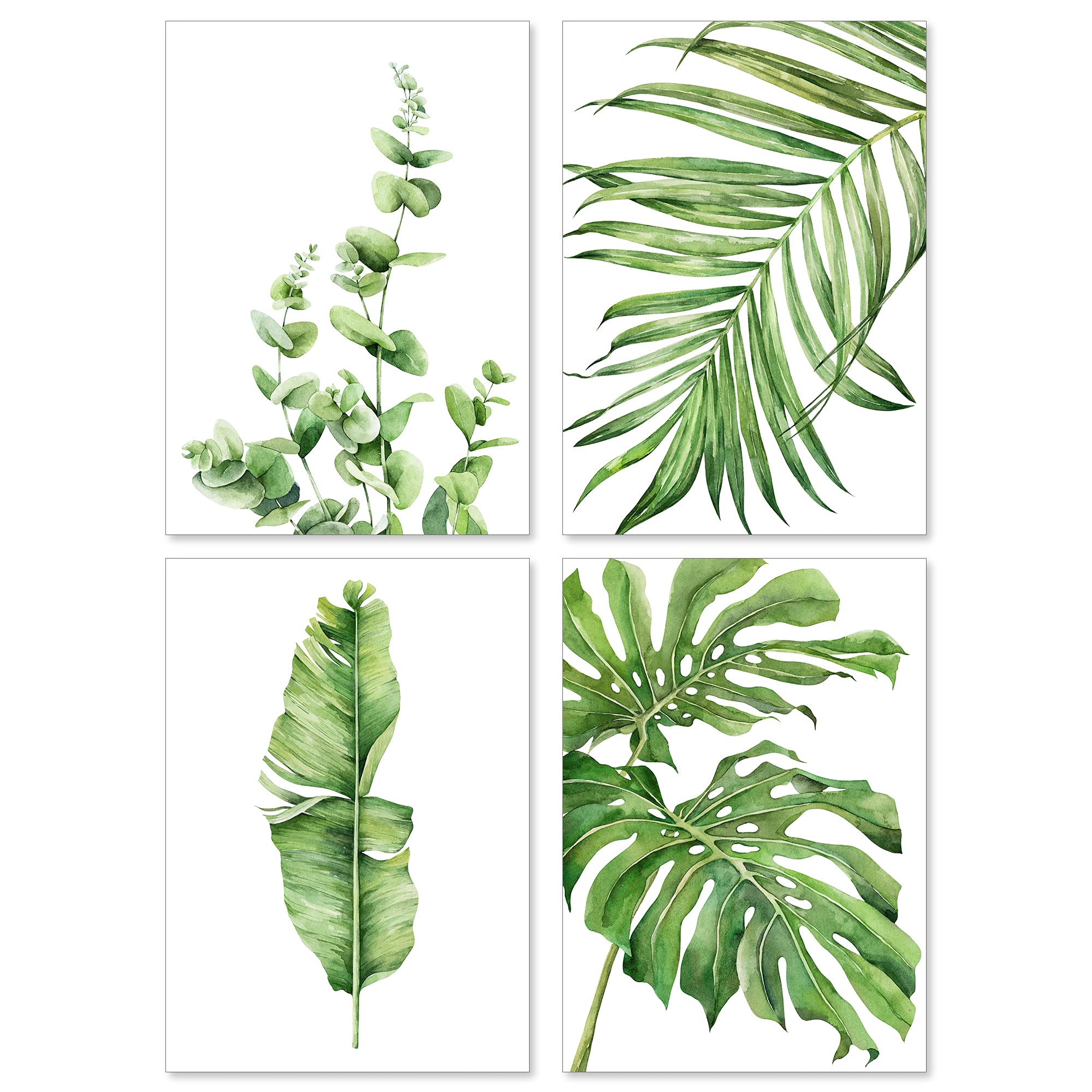 A&M Natural Living Botanical Prints - Set Of 4 Unframed A5 Watercolour Green Botanical Poster Leaf Pictures Wall Art, Home Decor For Bathroom, Kitchen, Living Room