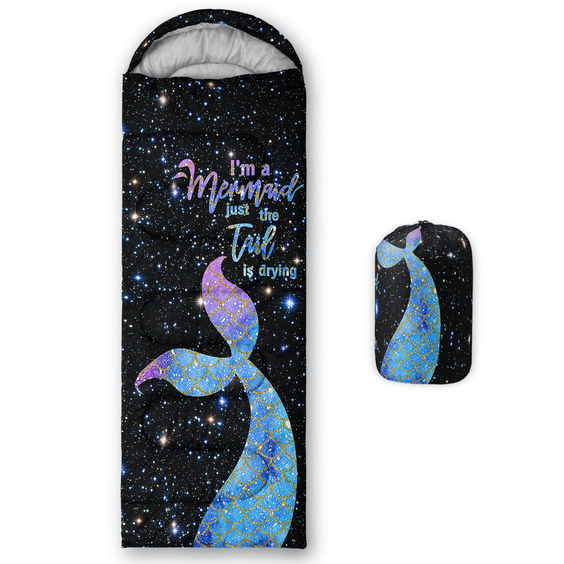 HOSIMA Sleeping Bags for Boys Girls Kids,Sparkle Mermaid Printeded Lightweight Warm Portable Outdoor Indoor-Waterproof Cold Weather Resistant Sleeping Bag for Camping Hiking(Mermaid)