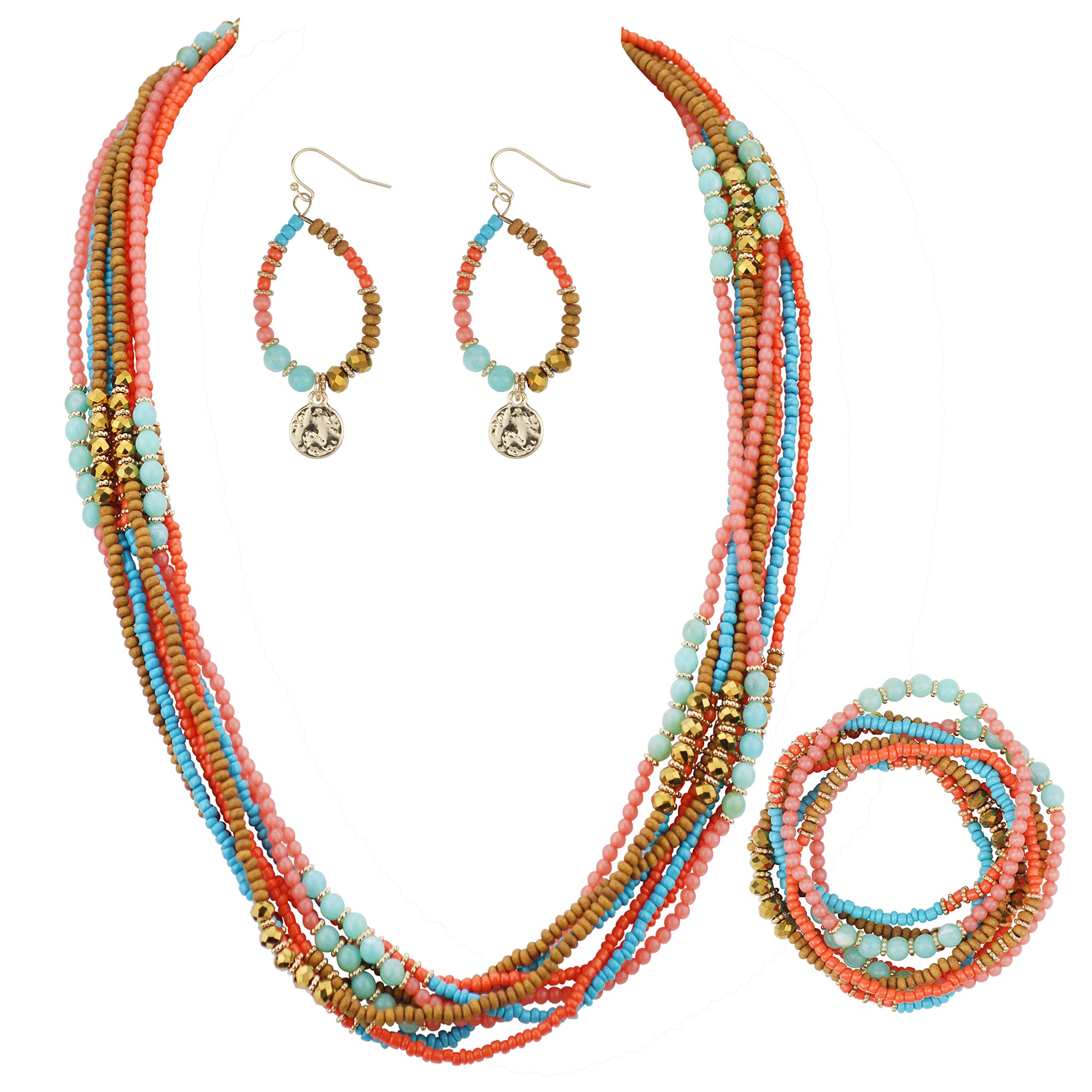 BOCAR Long Multiple Strand Handmade Beaded Statement 26" Necklace for Women (NK-10563-orange-set)