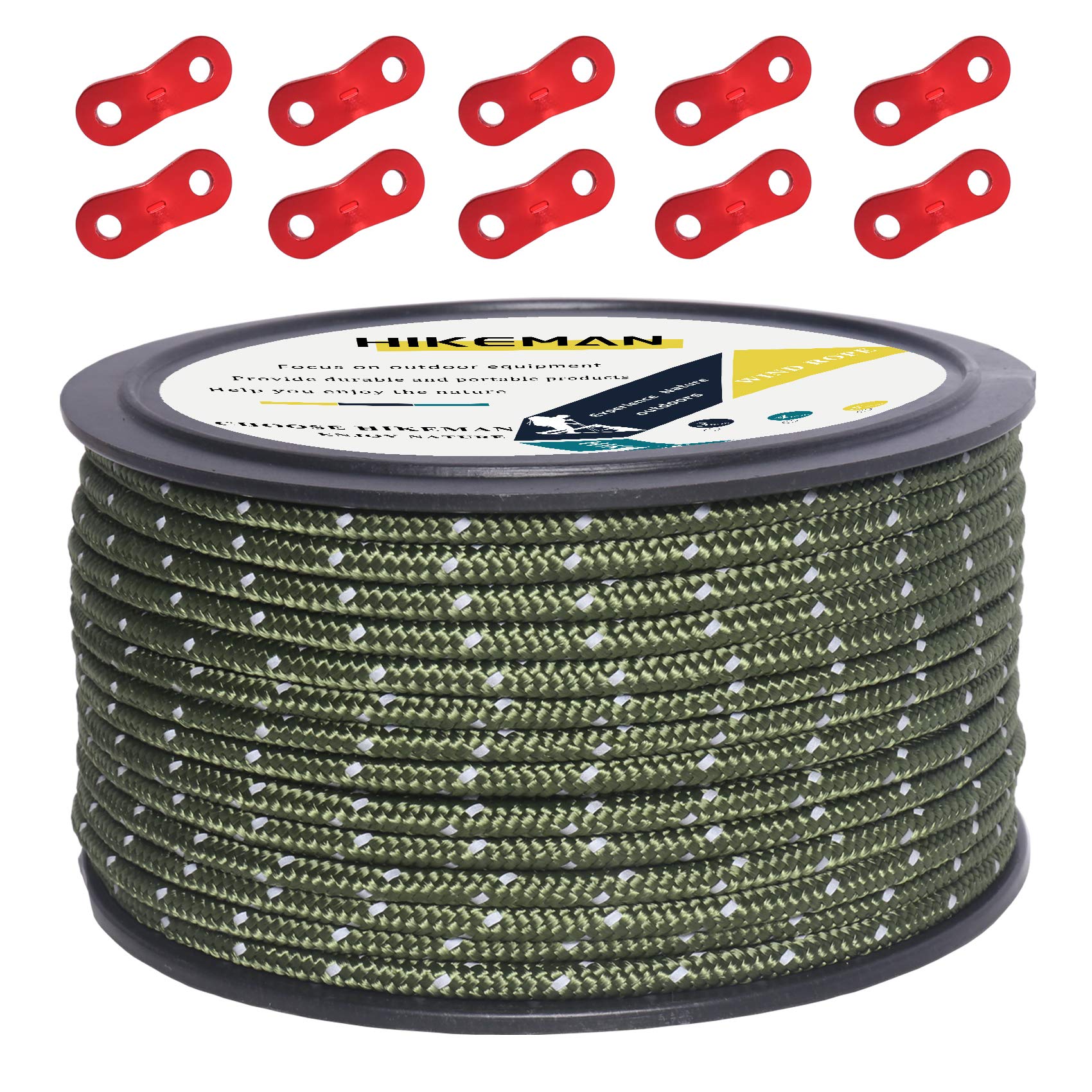 50M Reflective Cord Guy Ropes Outdoor Tent Guide Rope 100% Nylon Cord Wind Line with 10Pcs Aluminum alloy tensioners for Camping (Army green, Diameter 3 mm) — image 1