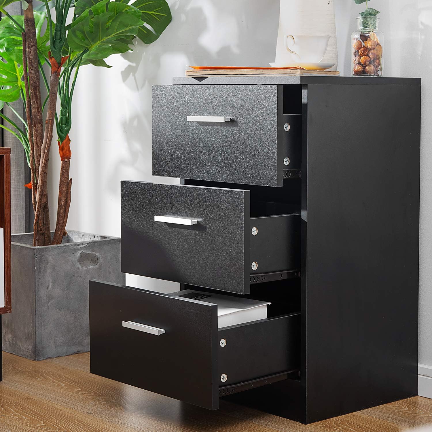 Wood Filing Cabinet 3 Drawers Office File Storage Unit Cabinet Sfor Office Bedroom Living Room Size H 66 X D 35 X 38 Cm Black Amazon Co Uk Kitchen Home