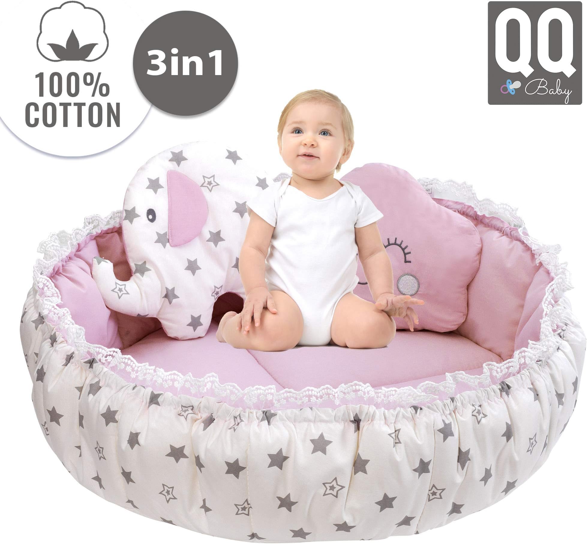 Baby Play Nest Sleeping Bed & Play Mat & Toy Bag | 100% Turkish Cotton | Multi-Functional & Adjustable | 3 Color Variations | 2 Decorative Pillows & Round Shape by QQ Baby