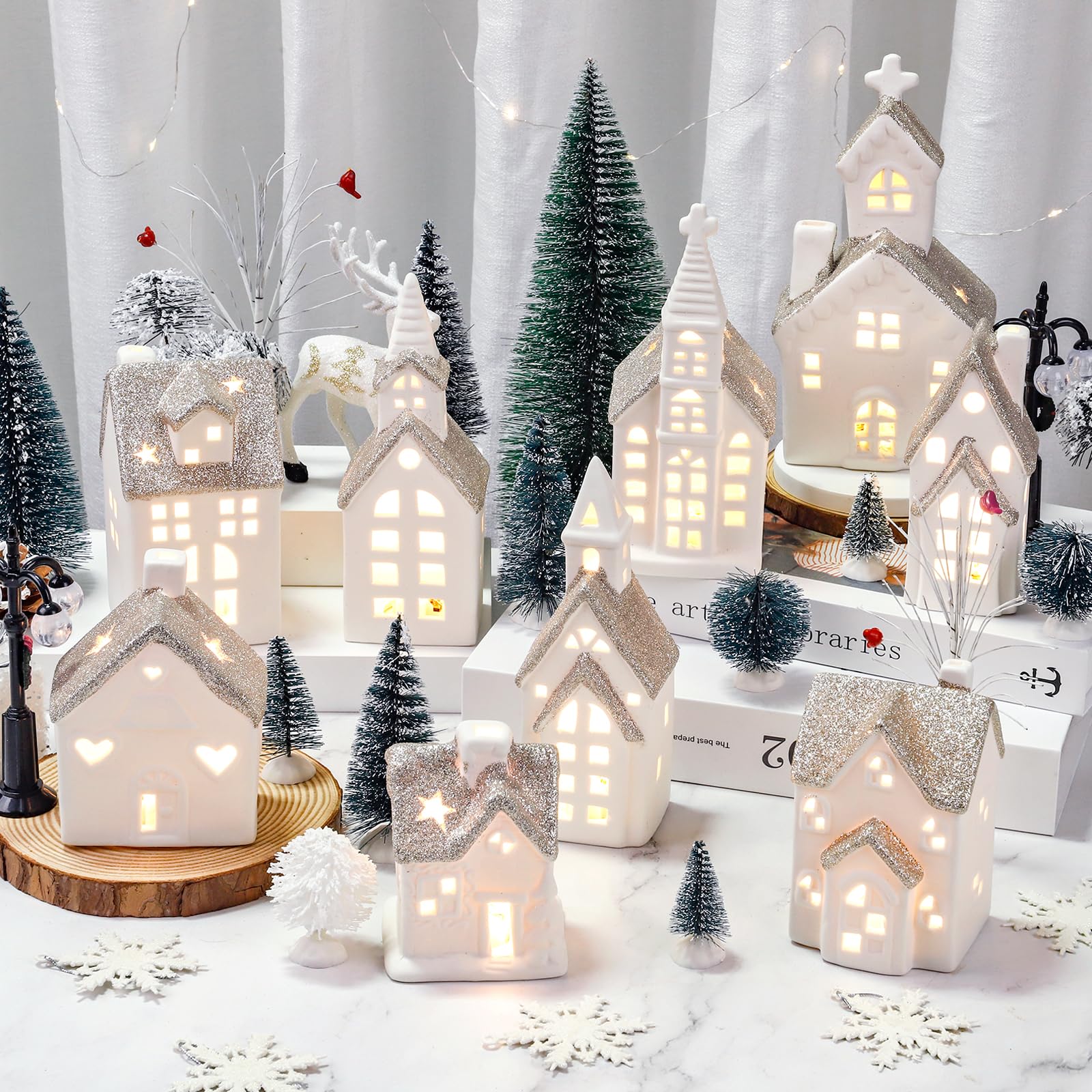 Photo 1 of ***MINOR DAMAGE*** READ CLERK NOTES*** Spdmhyo Set of 28 Ceramic Christmas Village Sets 9 Pieces White House with 17 Pieces Snow Tree 2 Lamp Vintage Christmas Decoration for Mantle Table Top Decor (Classic)