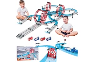 Toy Car Race Track Set Dual-Track Racing for 2 Players with 4 High-Speed Slot Die-Cast Race Cars, 360°Loops, Turns and Crosso
