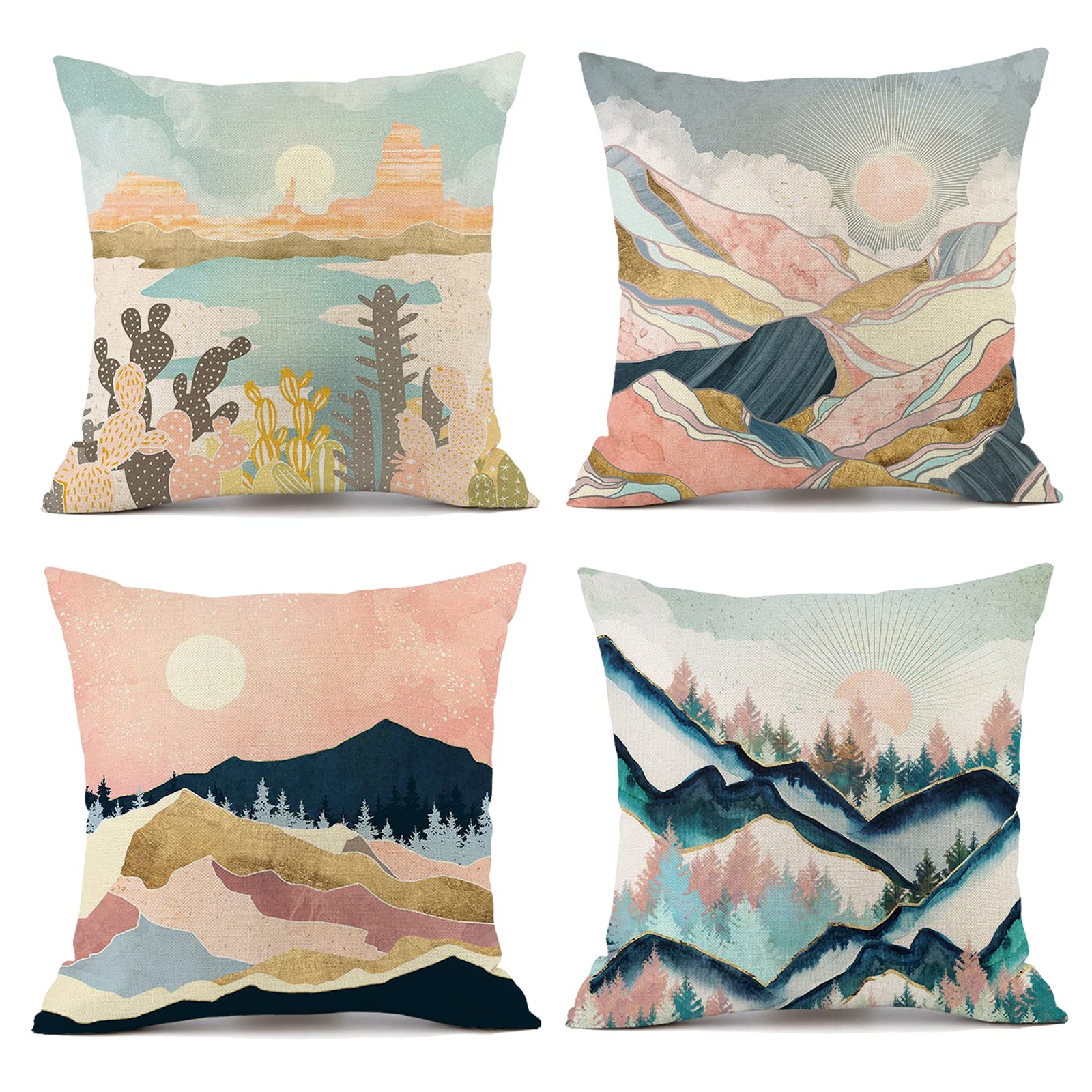 OCEUMACO Linen Cushion Covers 45 x 45 cm for Sofa Set of 4 Square Art Deco Mountain Throw Pillow Cases 18x18 Inches Outdoor Luxury Sun Moon Cushion Cover Pack Home Decor - Blush Pink Gold